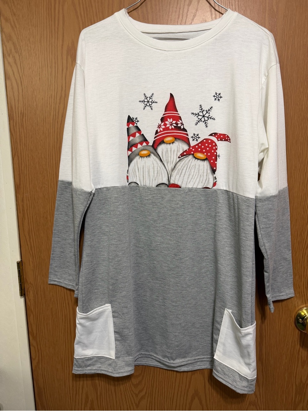 White & Gray Long Sleeve Gnome Holiday Top